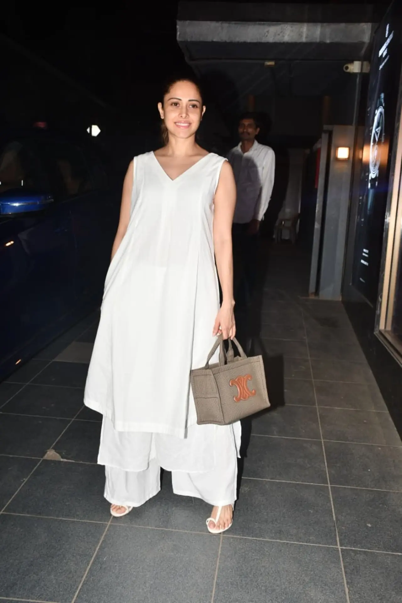Nushrratt Bharuccha also stepped out for a casual evening in Bandra wearing a white kurti with matching palazzo pants.